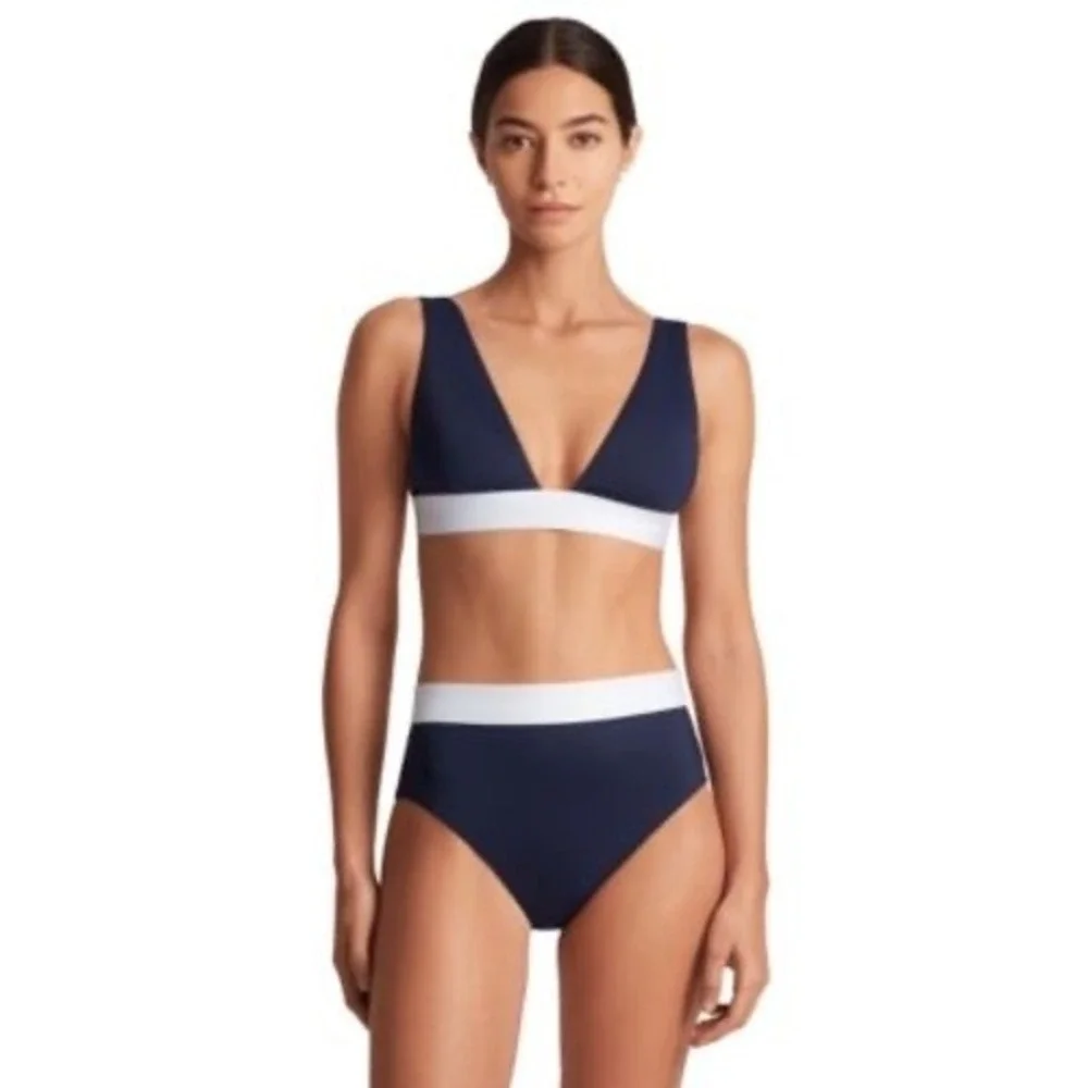 Lauren Ralph Lauren Womens Navy Blue White Bikini Set High Waist Swimsuit Sz 6